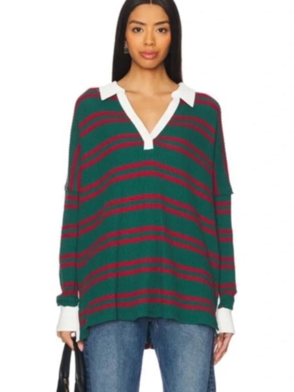 We The Free People Travis Polo Green Red Stripe Oversized Waffle Shirt Medium M